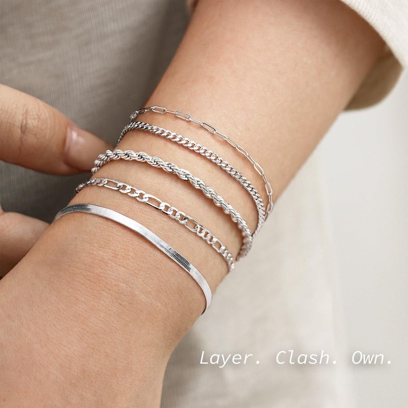 Krfy 5/6Pcs Gold Plated Bracelets for Women Trendy, S925 Plated Silver Bracelet Stack, Non Tarnish Waterproof Bracelets for Women, Paperclip Herringbone Figaro Cuban Twist Chains, Size 6.5''+2'' - Image 2